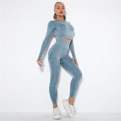 Women Seamless Yoga Set Fitness Sports Suits Gym Clothing Long Sleeve Crop Top Shirts High Waist Running Leggings Workout Pants