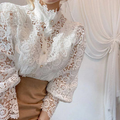 Women Chiffon Button Turtleneck Shirt Chic Elegant Floral Lace Fluffy Long Sleeve Top Fashion Hollow Oversize White Blouse 2024