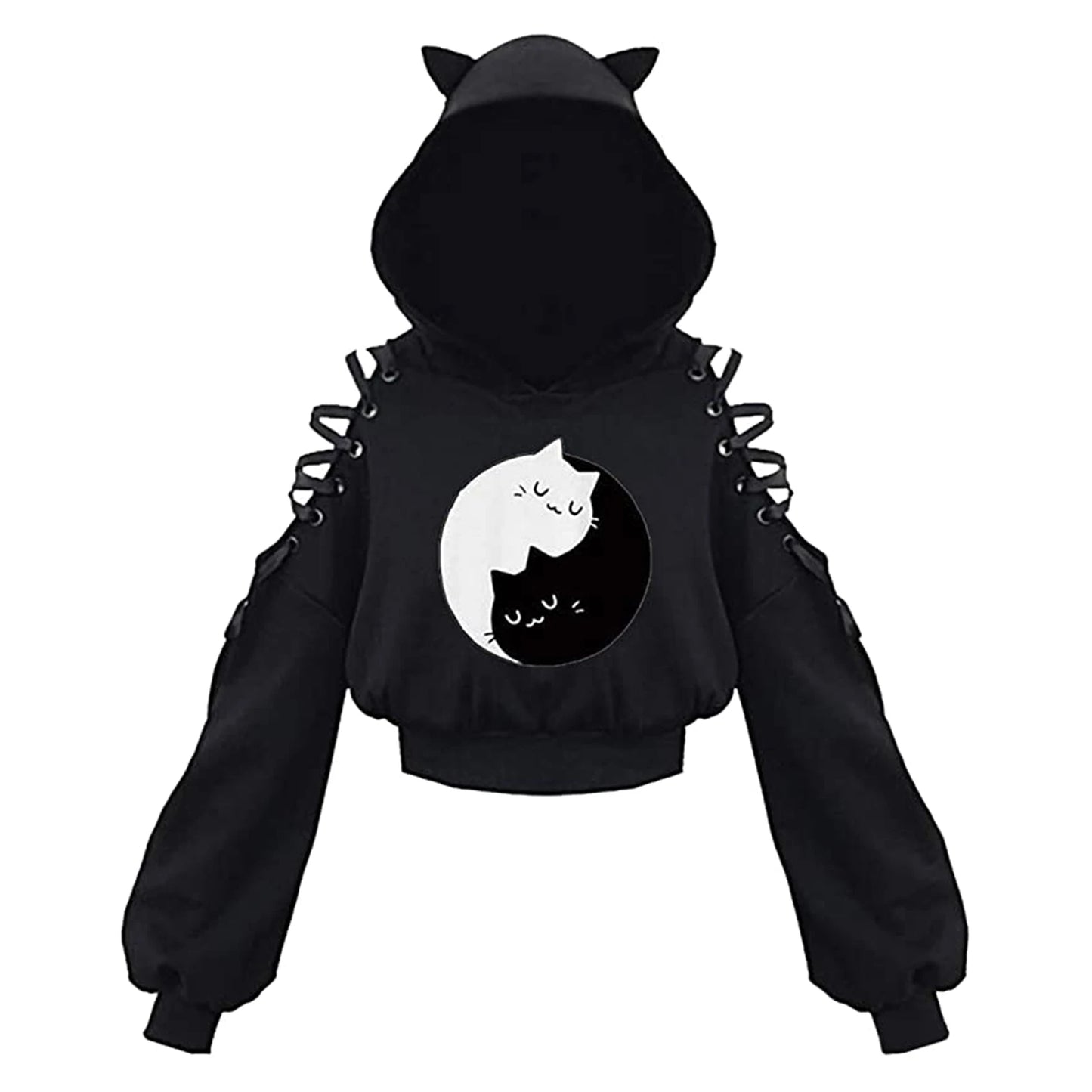 Women Long Sleeve Hoodies Kawaii Cat Ears Hoodie Gothic Punk Harajuku Cold Shouler Bandage Gothic Black Sweatshirts 2021