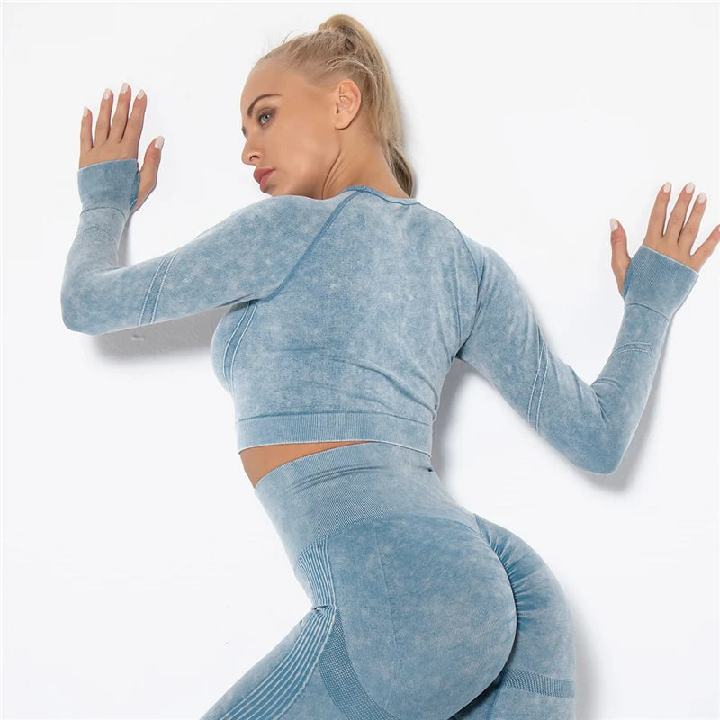 Women Seamless Yoga Set Fitness Sports Suits Gym Clothing Long Sleeve Crop Top Shirts High Waist Running Leggings Workout Pants