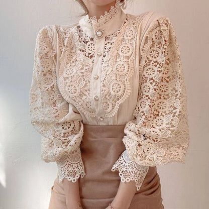 Women Chiffon Button Turtleneck Shirt Chic Elegant Floral Lace Fluffy Long Sleeve Top Fashion Hollow Oversize White Blouse 2024