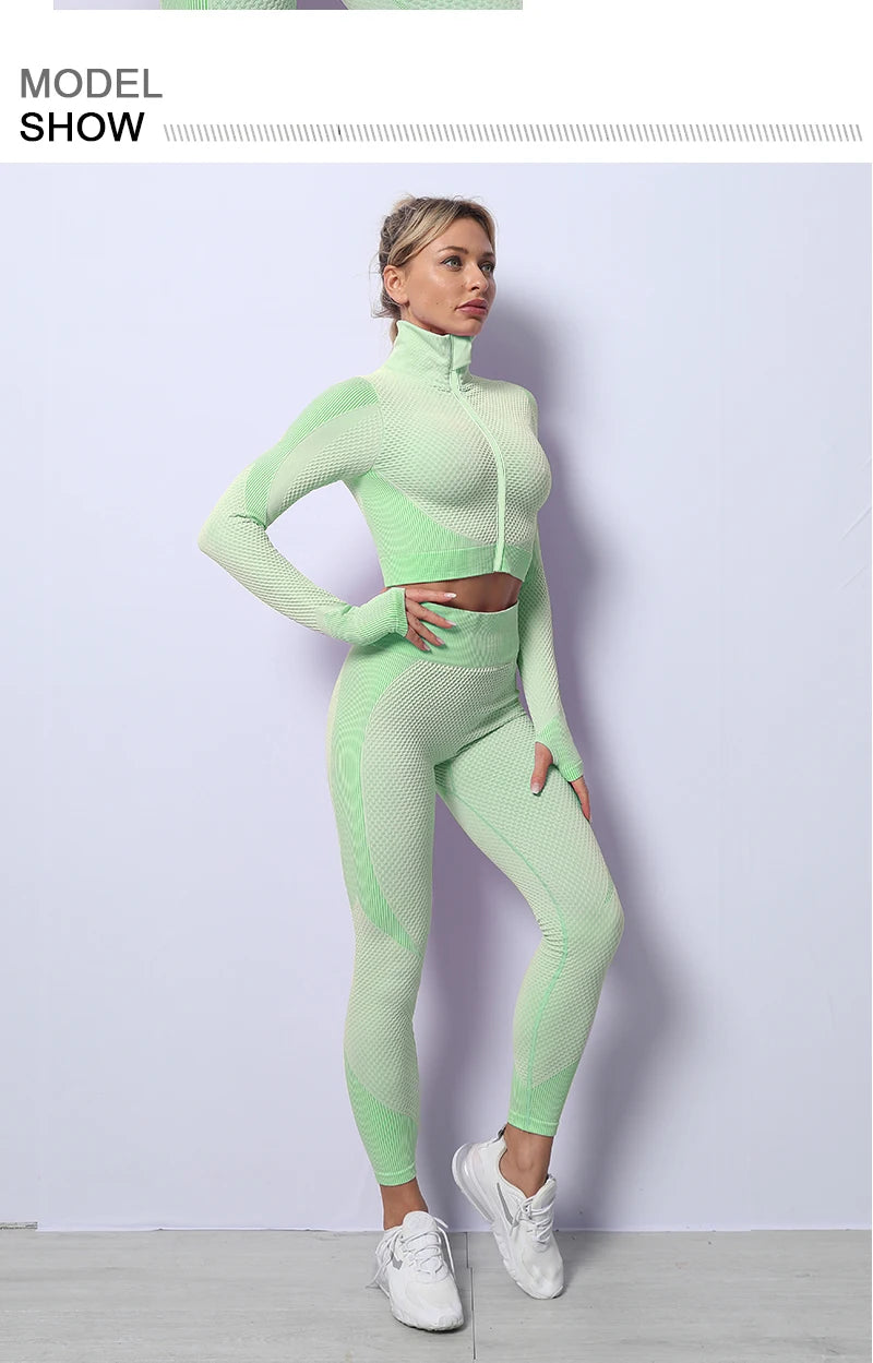 2/3PCS Seamless Women Yoga Set Workout Sportswear Gym Clothing Fitness Long Sleeve Crop Top High Waist Leggings Sports Suits