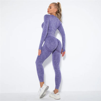 Women Seamless Yoga Set Fitness Sports Suits Gym Clothing Long Sleeve Crop Top Shirts High Waist Running Leggings Workout Pants