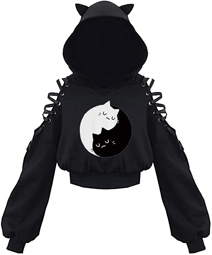 Women Long Sleeve Hoodies Kawaii Cat Ears Hoodie Gothic Punk Harajuku Cold Shouler Bandage Gothic Black Sweatshirts 2021