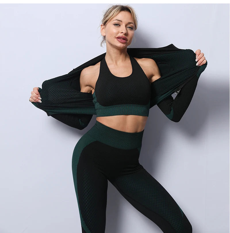 2/3PCS Seamless Women Yoga Set Workout Sportswear Gym Clothing Fitness Long Sleeve Crop Top High Waist Leggings Sports Suits