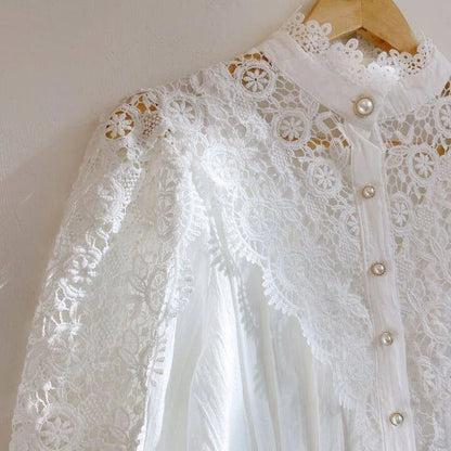 Women Chiffon Button Turtleneck Shirt Chic Elegant Floral Lace Fluffy Long Sleeve Top Fashion Hollow Oversize White Blouse 2024