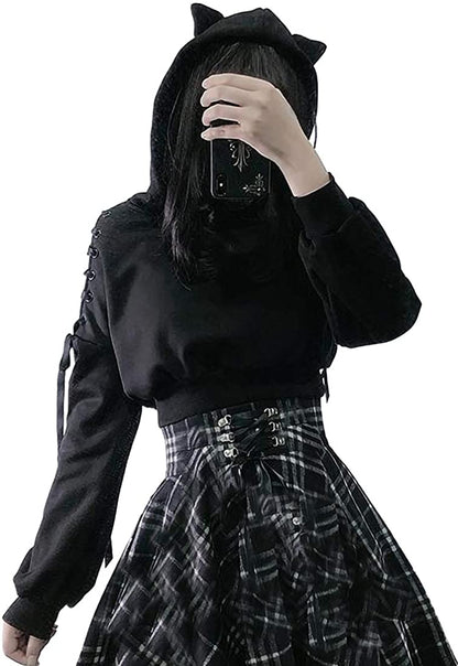 Women Long Sleeve Hoodies Kawaii Cat Ears Hoodie Gothic Punk Harajuku Cold Shouler Bandage Gothic Black Sweatshirts 2021