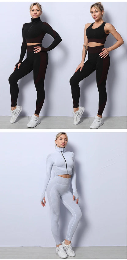 2/3PCS Seamless Women Yoga Set Workout Sportswear Gym Clothing Fitness Long Sleeve Crop Top High Waist Leggings Sports Suits