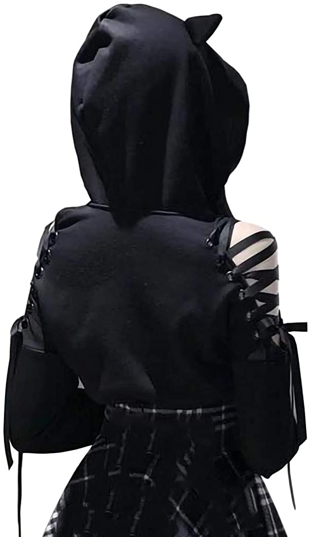 Women Long Sleeve Hoodies Kawaii Cat Ears Hoodie Gothic Punk Harajuku Cold Shouler Bandage Gothic Black Sweatshirts 2021