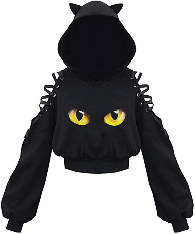 Women Long Sleeve Hoodies Kawaii Cat Ears Hoodie Gothic Punk Harajuku Cold Shouler Bandage Gothic Black Sweatshirts 2021