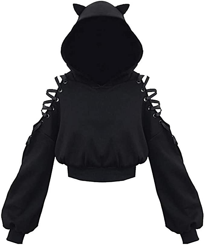 Women Long Sleeve Hoodies Kawaii Cat Ears Hoodie Gothic Punk Harajuku Cold Shouler Bandage Gothic Black Sweatshirts 2021