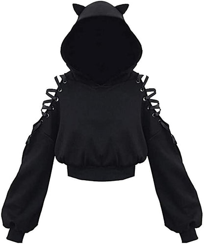 Women Long Sleeve Hoodies Kawaii Cat Ears Hoodie Gothic Punk Harajuku Cold Shouler Bandage Gothic Black Sweatshirts 2021