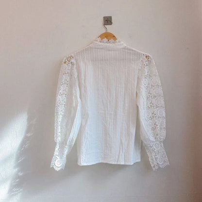 Women Chiffon Button Turtleneck Shirt Chic Elegant Floral Lace Fluffy Long Sleeve Top Fashion Hollow Oversize White Blouse 2024