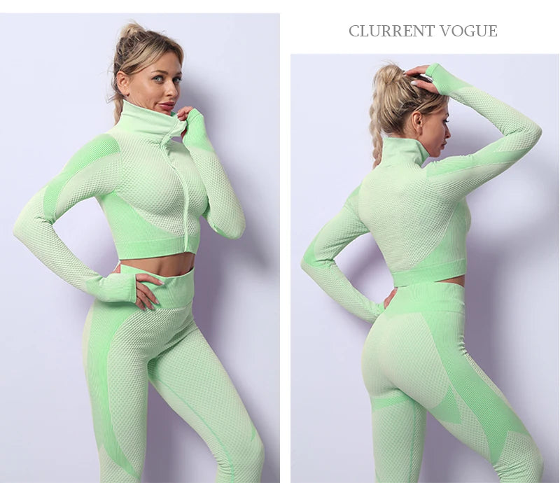 2/3PCS Seamless Women Yoga Set Workout Sportswear Gym Clothing Fitness Long Sleeve Crop Top High Waist Leggings Sports Suits