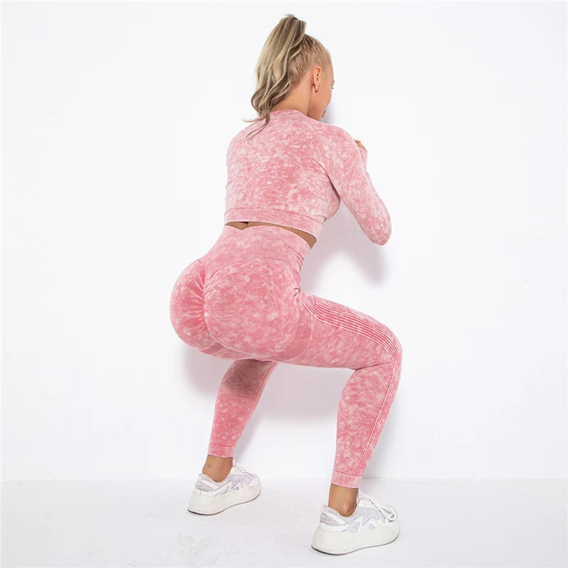 Women Seamless Yoga Set Fitness Sports Suits Gym Clothing Long Sleeve Crop Top Shirts High Waist Running Leggings Workout Pants