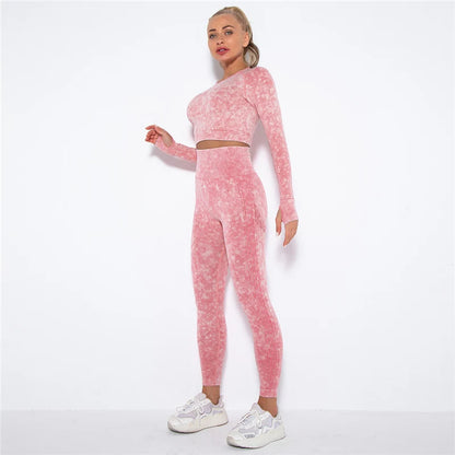 Women Seamless Yoga Set Fitness Sports Suits Gym Clothing Long Sleeve Crop Top Shirts High Waist Running Leggings Workout Pants