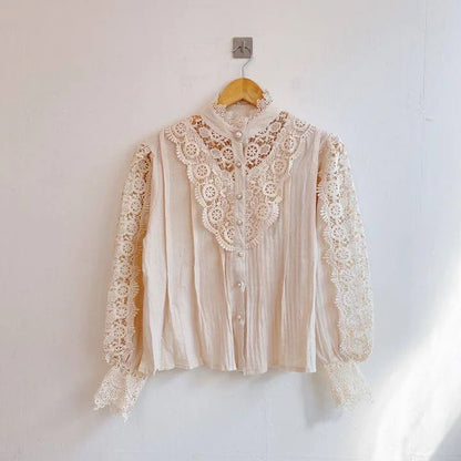 Women Chiffon Button Turtleneck Shirt Chic Elegant Floral Lace Fluffy Long Sleeve Top Fashion Hollow Oversize White Blouse 2024