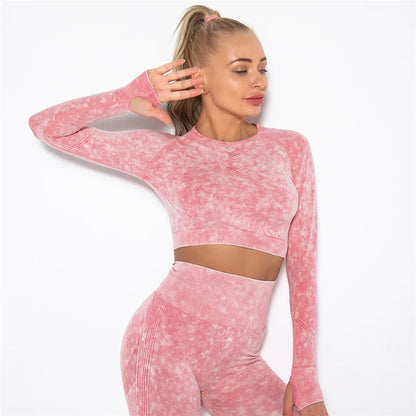 Women Seamless Yoga Set Fitness Sports Suits Gym Clothing Long Sleeve Crop Top Shirts High Waist Running Leggings Workout Pants