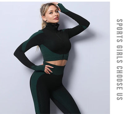 2/3PCS Seamless Women Yoga Set Workout Sportswear Gym Clothing Fitness Long Sleeve Crop Top High Waist Leggings Sports Suits