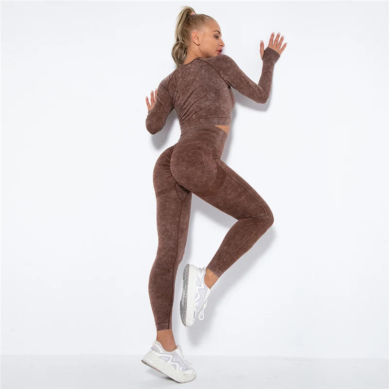 Women Seamless Yoga Set Fitness Sports Suits Gym Clothing Long Sleeve Crop Top Shirts High Waist Running Leggings Workout Pants