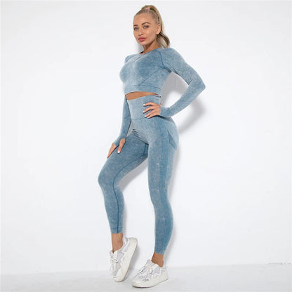 Women Seamless Yoga Set Fitness Sports Suits Gym Clothing Long Sleeve Crop Top Shirts High Waist Running Leggings Workout Pants