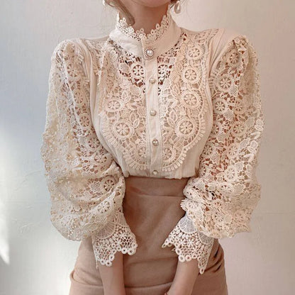 Women Chiffon Button Turtleneck Shirt Chic Elegant Floral Lace Fluffy Long Sleeve Top Fashion Hollow Oversize White Blouse 2024