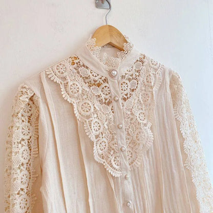 Women Chiffon Button Turtleneck Shirt Chic Elegant Floral Lace Fluffy Long Sleeve Top Fashion Hollow Oversize White Blouse 2024