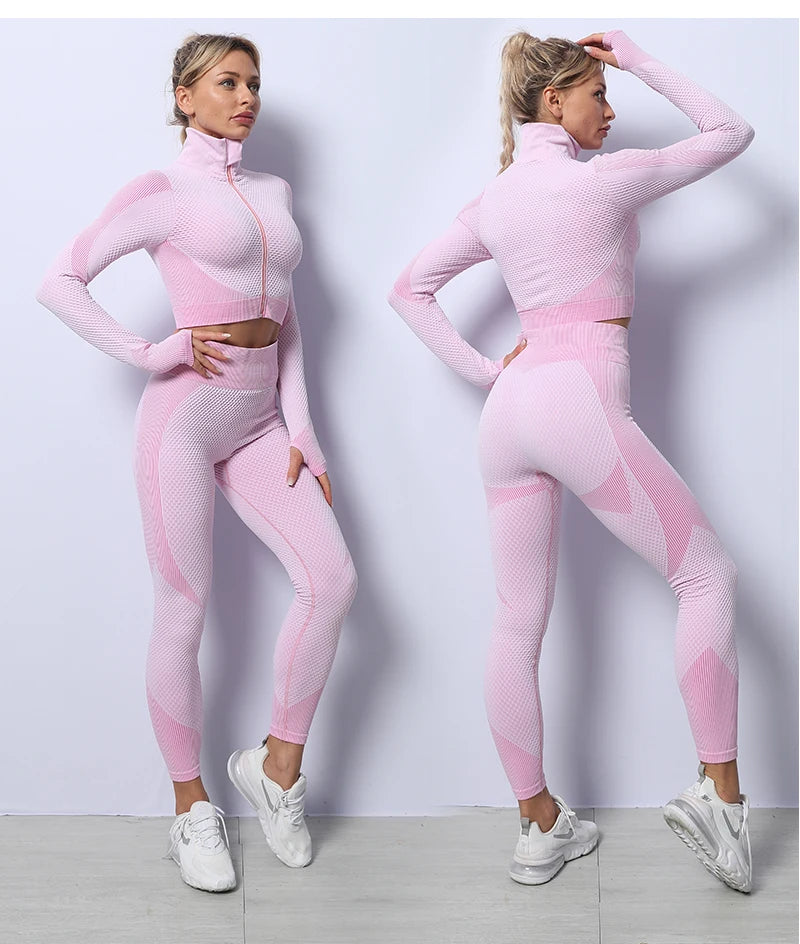 2/3PCS Seamless Women Yoga Set Workout Sportswear Gym Clothing Fitness Long Sleeve Crop Top High Waist Leggings Sports Suits