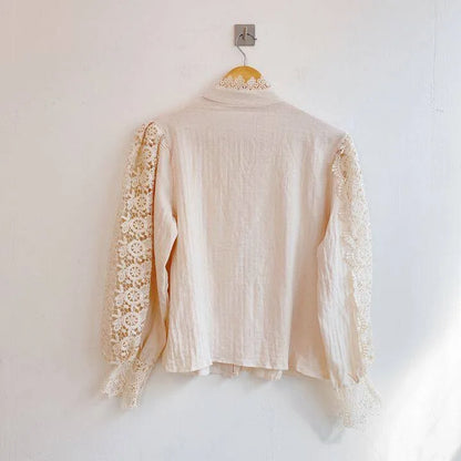 Women Chiffon Button Turtleneck Shirt Chic Elegant Floral Lace Fluffy Long Sleeve Top Fashion Hollow Oversize White Blouse 2024