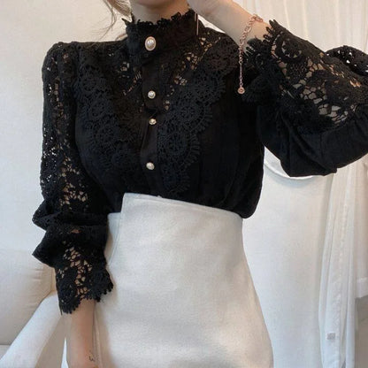 Women Chiffon Button Turtleneck Shirt Chic Elegant Floral Lace Fluffy Long Sleeve Top Fashion Hollow Oversize White Blouse 2024