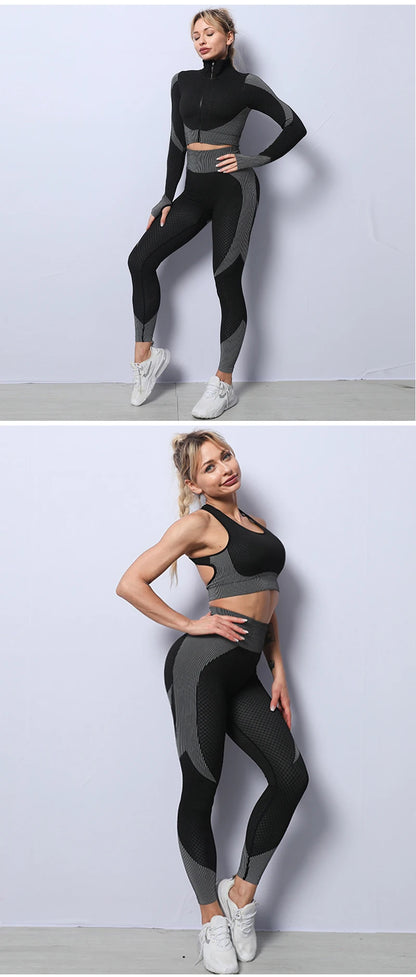 2/3PCS Seamless Women Yoga Set Workout Sportswear Gym Clothing Fitness Long Sleeve Crop Top High Waist Leggings Sports Suits