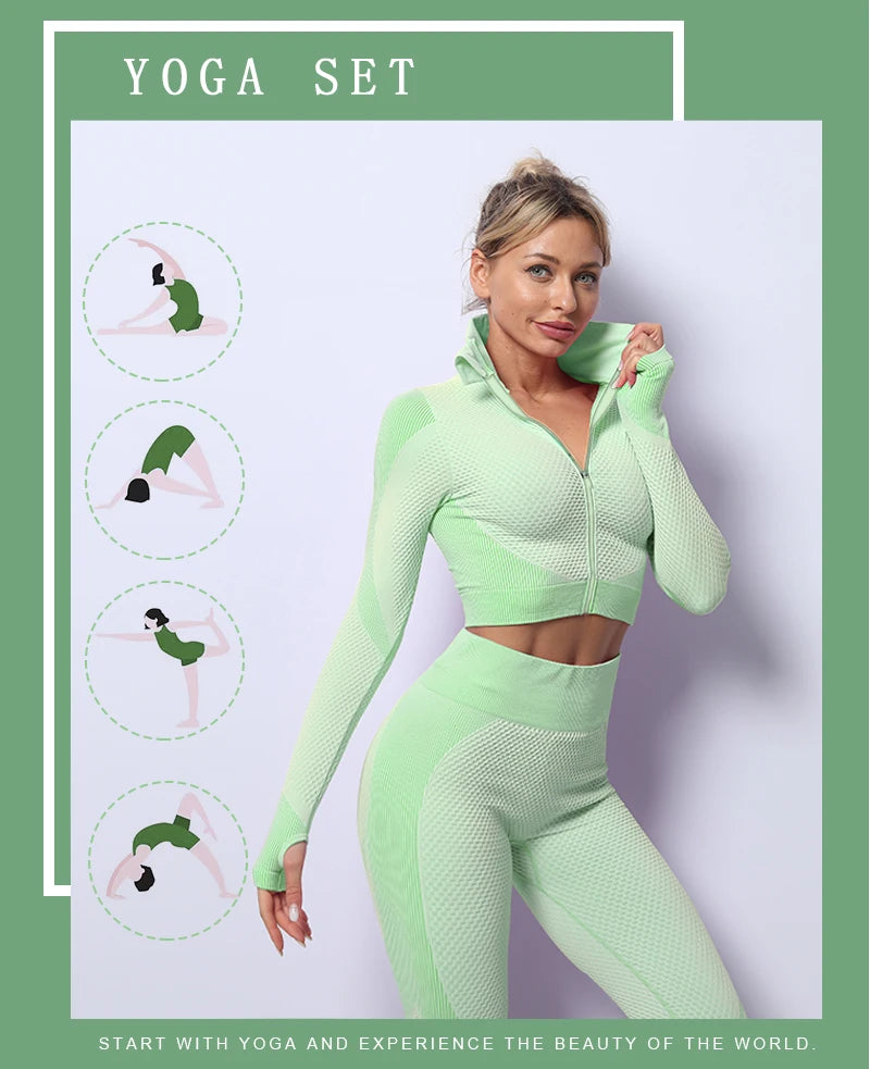 2/3PCS Seamless Women Yoga Set Workout Sportswear Gym Clothing Fitness Long Sleeve Crop Top High Waist Leggings Sports Suits