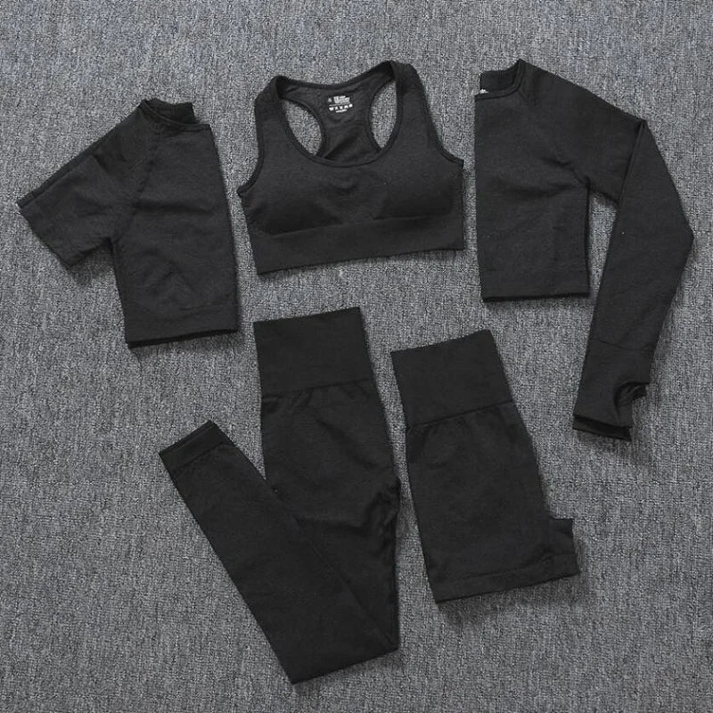 2/3/5PCS Seamless Women Sports Suits Yoga Set Workout Sportswear Gym Clothing Fitness Long Sleeve Crop Top High Waist Leggings