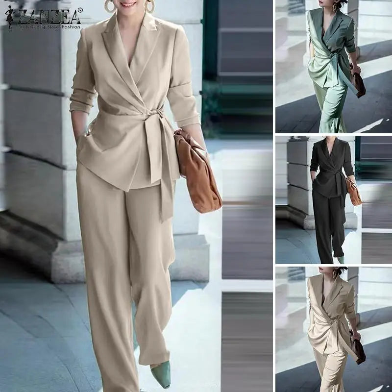 ZANZEA Elegant OL Work Suit Women Solid Blazer & Wide Leg Pant Sets Fashion 2PCS Urban Tracksuits Ladies Office Outfits Oversize