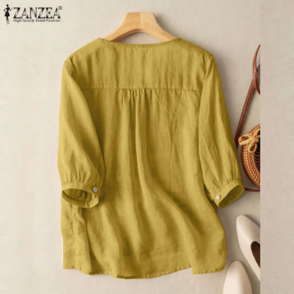 Vintage Shirts ZANZEA Summer Lace Crochet Blouse Women 3/4 O Neck Sleeve Tops Embroidery Blusas Femme Causal Cotton Chemsie