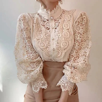 Women's Elegant Embroidery Lace Blouses Flower Petal Sleeve Hollow Out Stand Collar Tunic Spring Solid White Shirt Top For Women