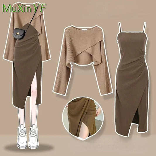 Women's Spring Autumn New Dress Matching Set Korean Elegant Vintage Knitted Sweater+Sexy Split Sling Midi Skirt Two Piece Set