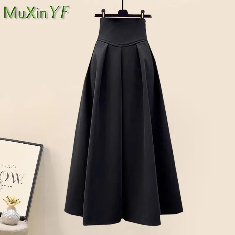 Women's 2023 Autumn/Winter New Fashion Waist Jacket Midi Skirt Two Piece Suit Korean Elegant Loose Coat Dress Matching Set