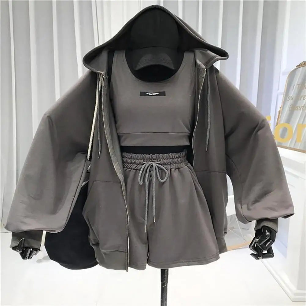 1 Set Casual Three Pieces Women Coat Drawstring Shorts Vest Set Breathable Women Hoodie Pocket Design Zipper Closure for Female