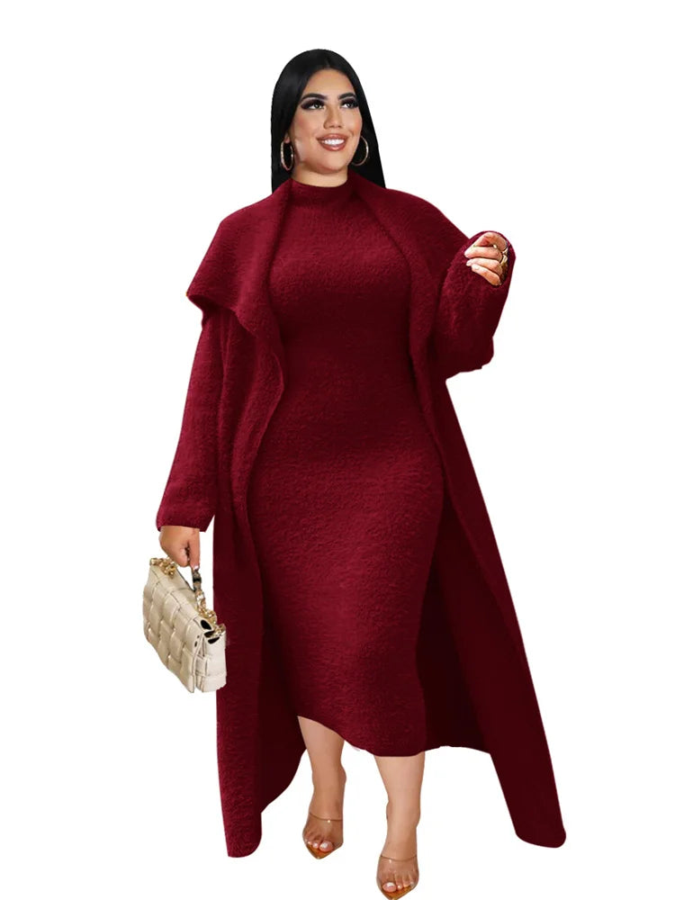 Wmstar Plus Size Women Clothing Dress Sets 2 Piece Outfits Dresses and Cardigan Matching Suit Wholesale Dropshipping (with Belt)