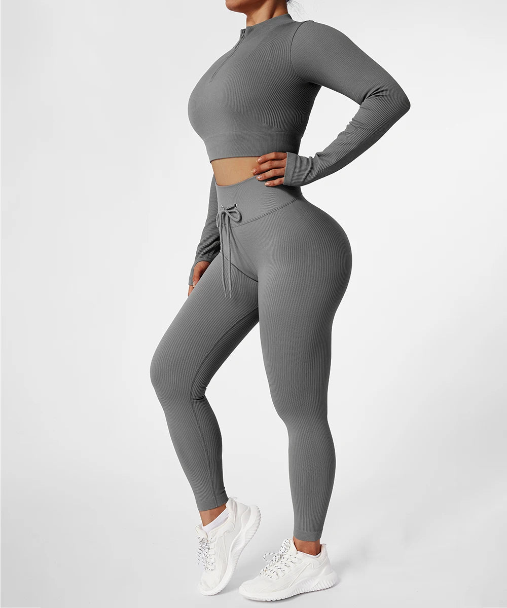 2 PCS Women's Fitness Sports Suits Seamless Yoga Sets Sportswear Workout Gym Clothing Drawstring High Waist Leggings Tracksuit