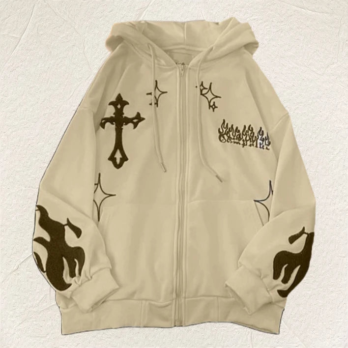 2023 European and American Autumn/Winter Hoodie Embroidered Cross Flame Coat Plush Couple Loose Top Sweater