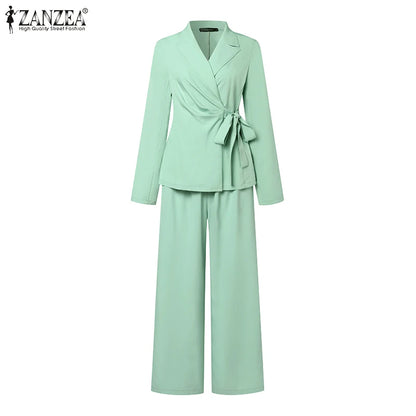 ZANZEA Elegant OL Work Suit Women Solid Blazer & Wide Leg Pant Sets Fashion 2PCS Urban Tracksuits Ladies Office Outfits Oversize