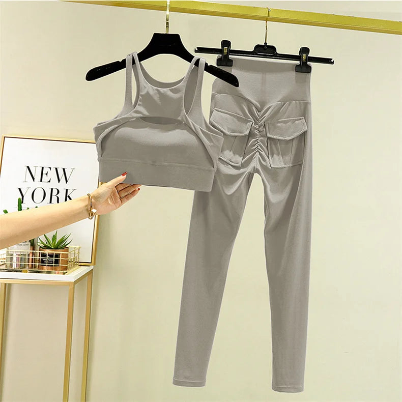 Women's Tracksuit Leggings Yoga Set Pocket High Waist Pants Sportswear Bra Fitness Workout Cycling Sport Suit Gym Outfit Clothes