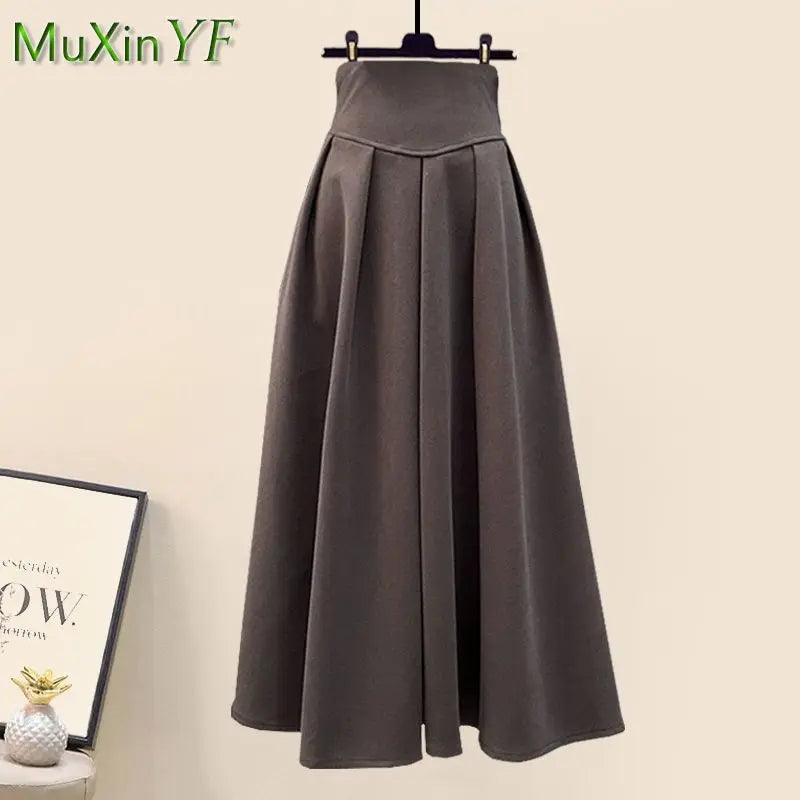 Women's Autumn Winter New Knit Hooded Sweater High Waist Midi Skirt Two Piece Korean Elegant Loose Pullover Dress Matching Set