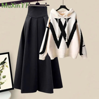 Women's Autumn Winter New Knit Hooded Sweater High Waist Midi Skirt Two Piece Korean Elegant Loose Pullover Dress Matching Set