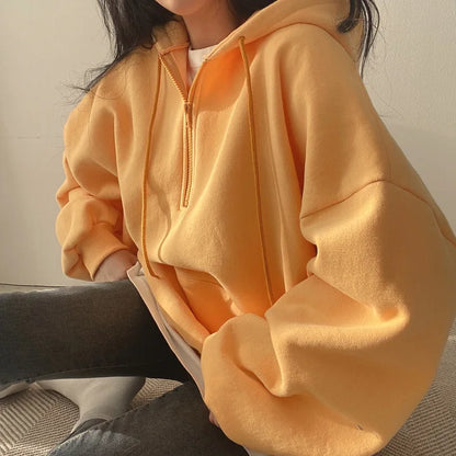 Women Hoodie Harajuku Loose Oversized Solid Color Top Half Zip Up Sweatshirt Female Casual Long Sleeve Pocket Hooded Coats 2024