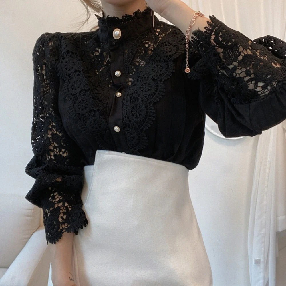 Women's Elegant Embroidery Lace Blouses Flower Petal Sleeve Hollow Out Stand Collar Tunic Spring Solid White Shirt Top For Women