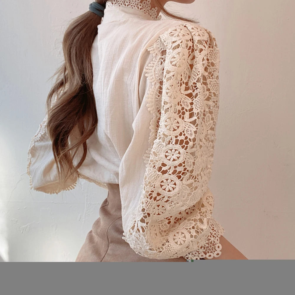 Women's Elegant Embroidery Lace Blouses Flower Petal Sleeve Hollow Out Stand Collar Tunic Spring Solid White Shirt Top For Women