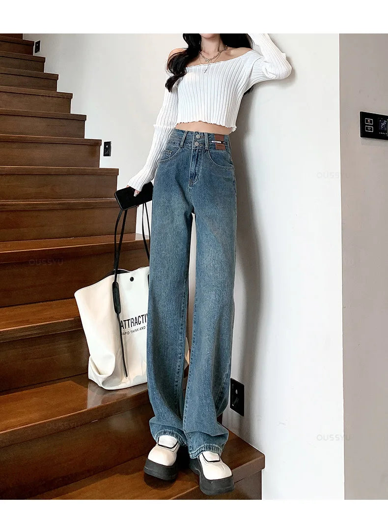 Winter Jeans Women Fleece Warm Denim Trousers High Waist Casual Loose Female Denim Pants Thick Velvet Cotton Wide Leg Woman Jean